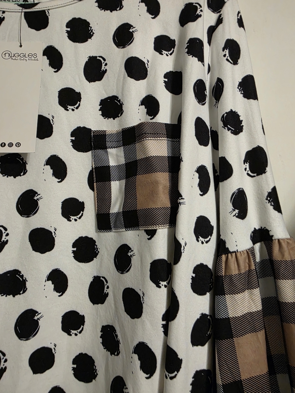 Nuggles Polka Dot Top with Plaid Sleeves - Black & Cream - Picture 6 of 6